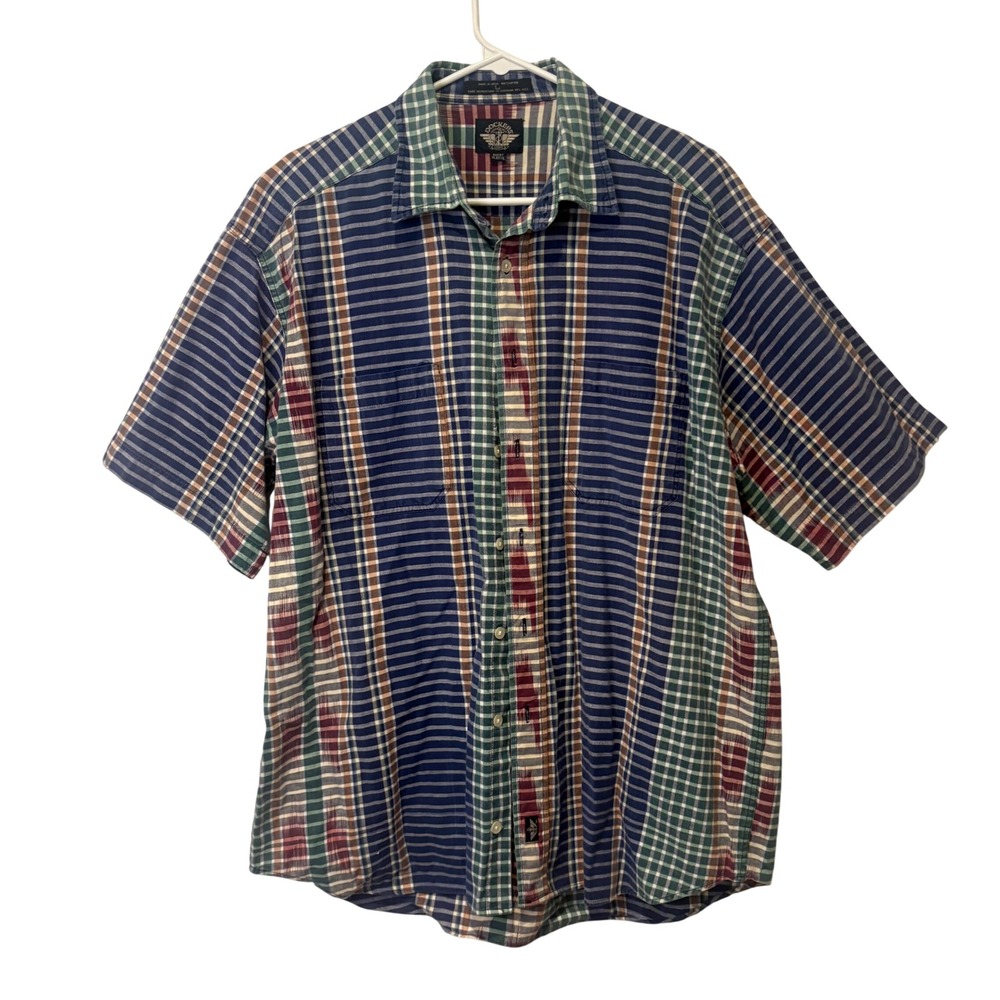 Vtg Dockers Button Up Shirt L Multi Color Patchwork Aztec Plaid Y2k 90s Grunge